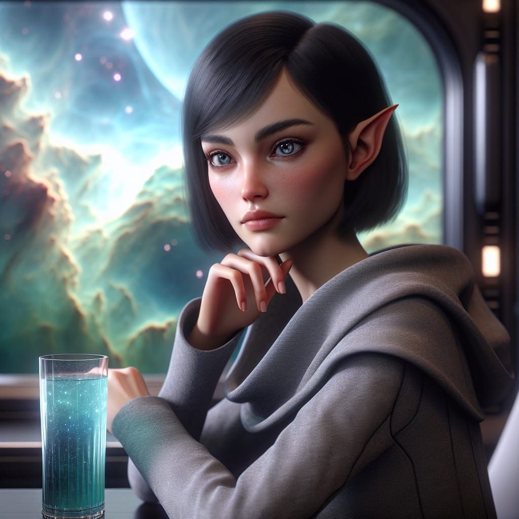 Young Romulan Woman Gazing at Nebula in Space Station
