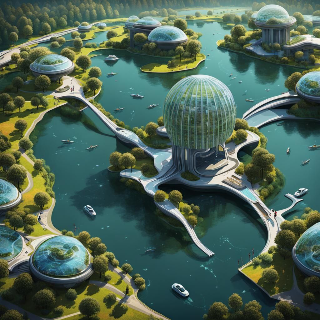 Futuristic Utopia: Lakeside Park in Science Fiction Style