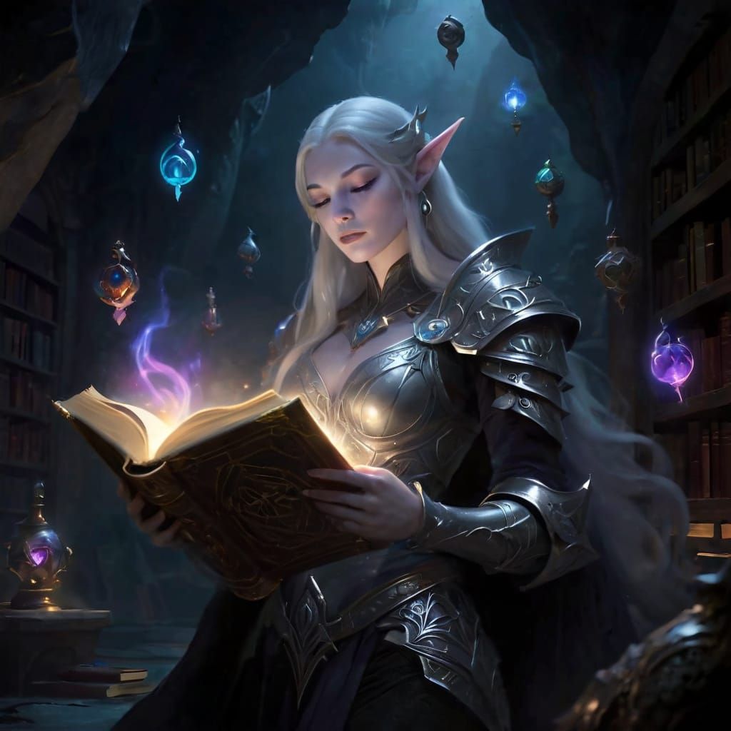 Elven Sorceress Reading Magic Tome