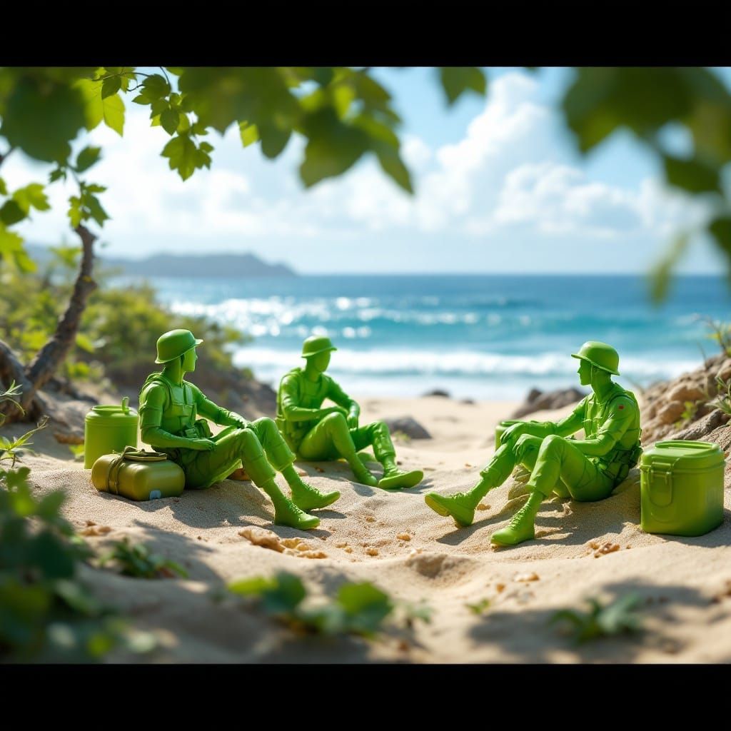 Surreal Beach Scene with Hyper-Realistic Plastic Army Men
