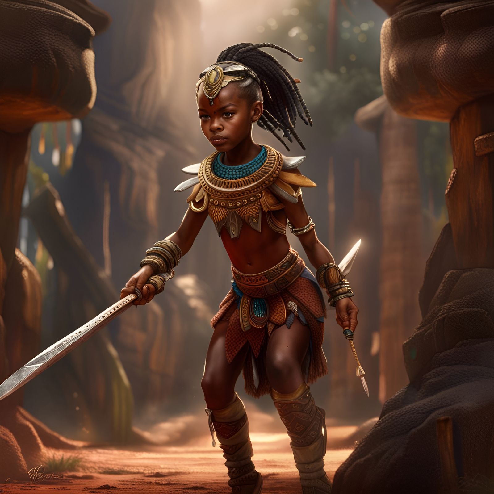 Young African Warrior Girl Training: Fantasy Concept Art