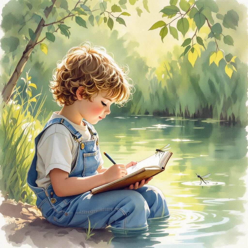 Boy Sketching by Pond in Whimsical Watercolor Style