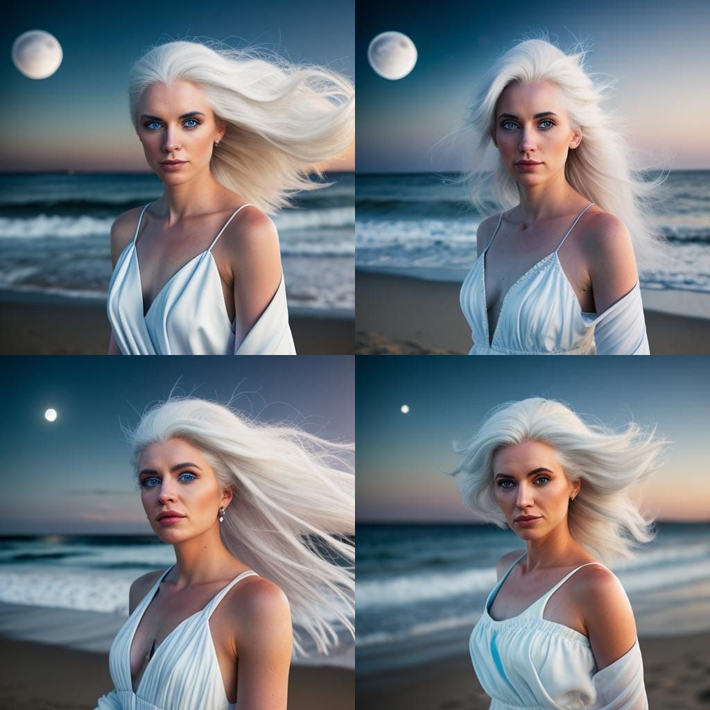 White-Haired Woman in White Gown on Beach