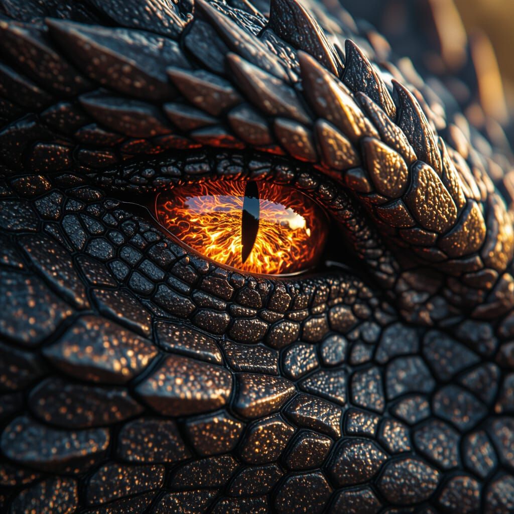 Dragon Eye with Fire Reflection, Cinematic Film Still