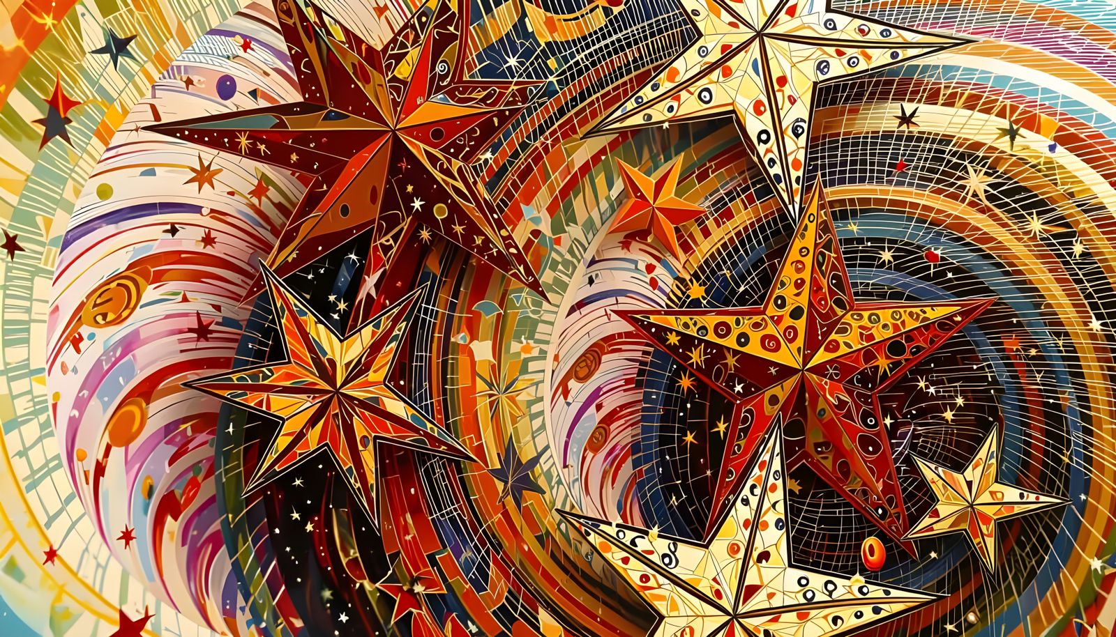 Cosmic Vortex Journey of Pointed Stars in Chagall Style