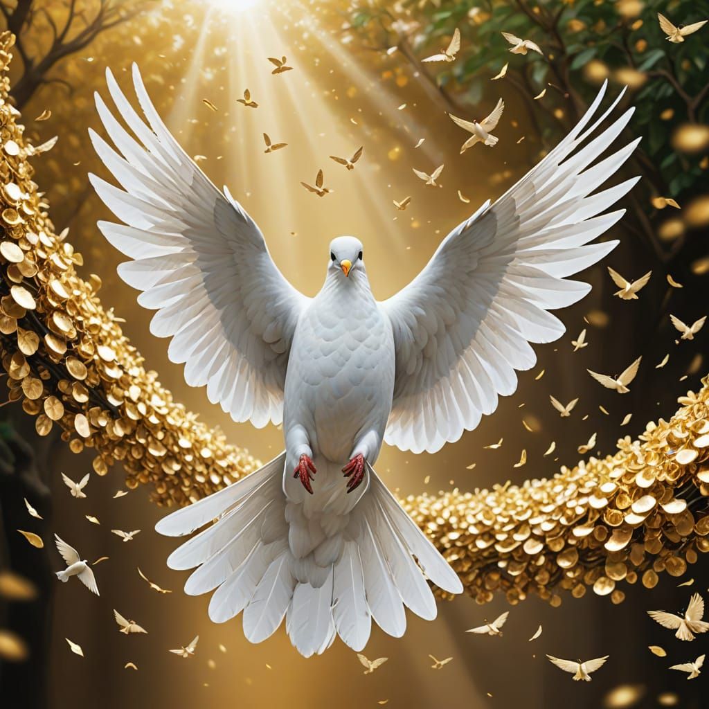 White Dove Ascending with Golden Wings