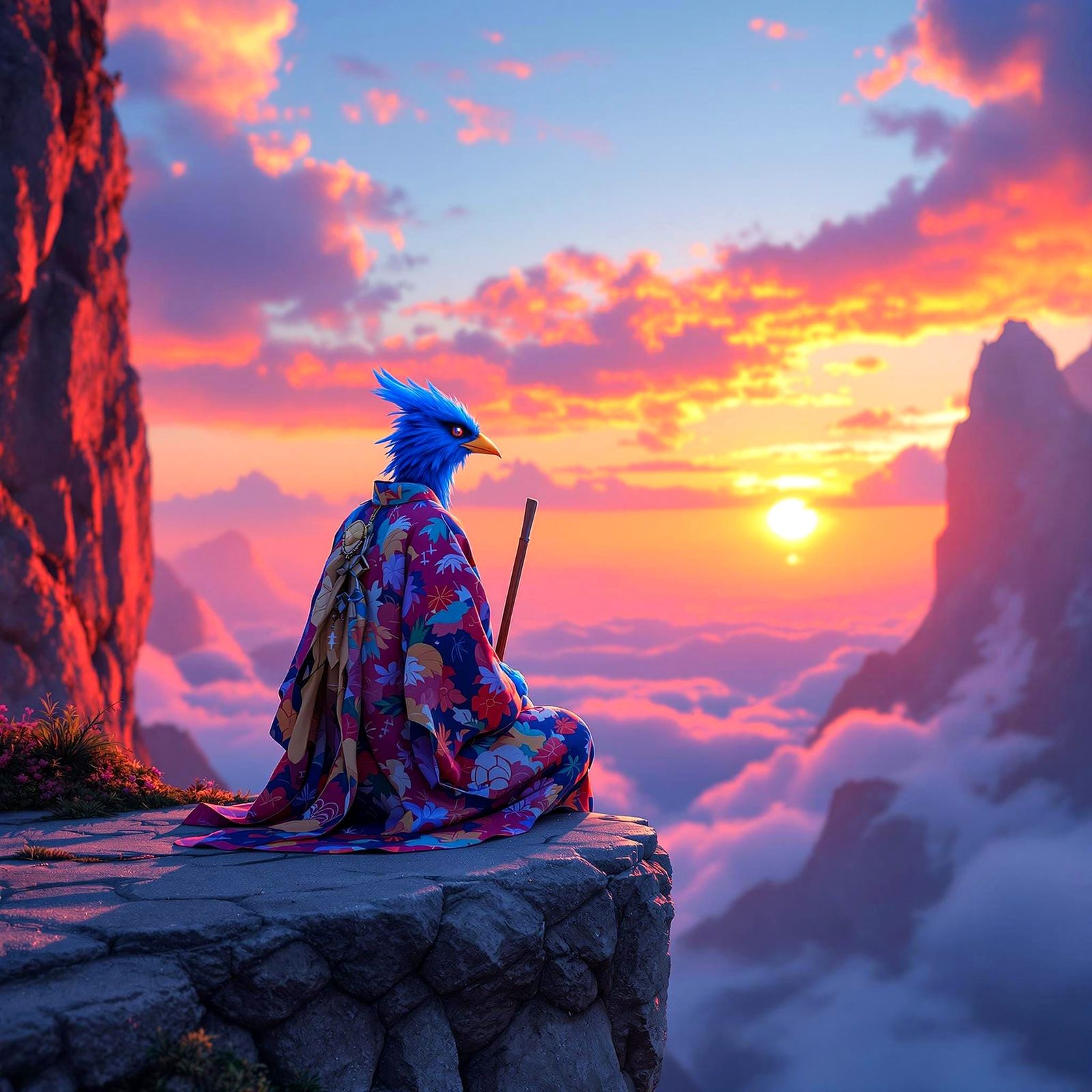 Epic Blue Bird Man Sees Sunset on Cliff's Edge