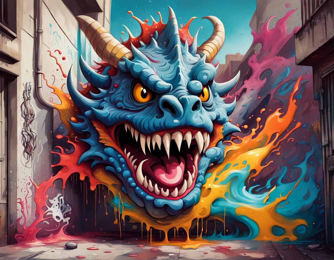 Haunted Pirate Dragon Navigating Space in Graffiti Art