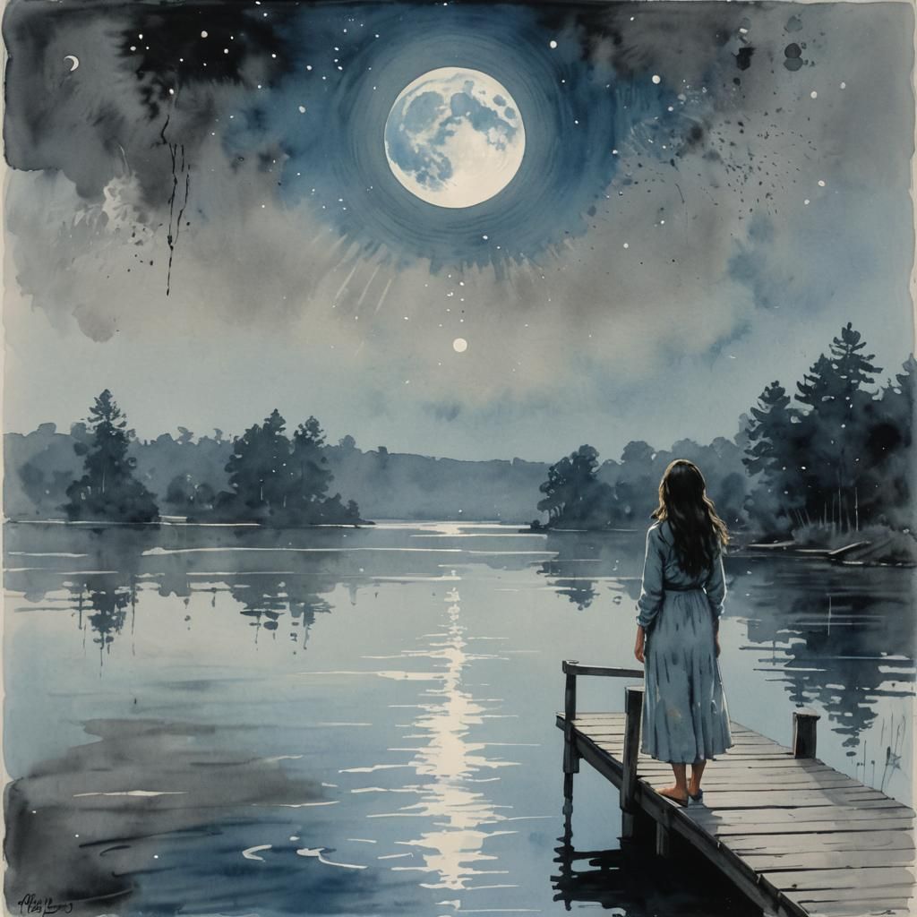 Woman on Dock Under Moon in Watercolor Style