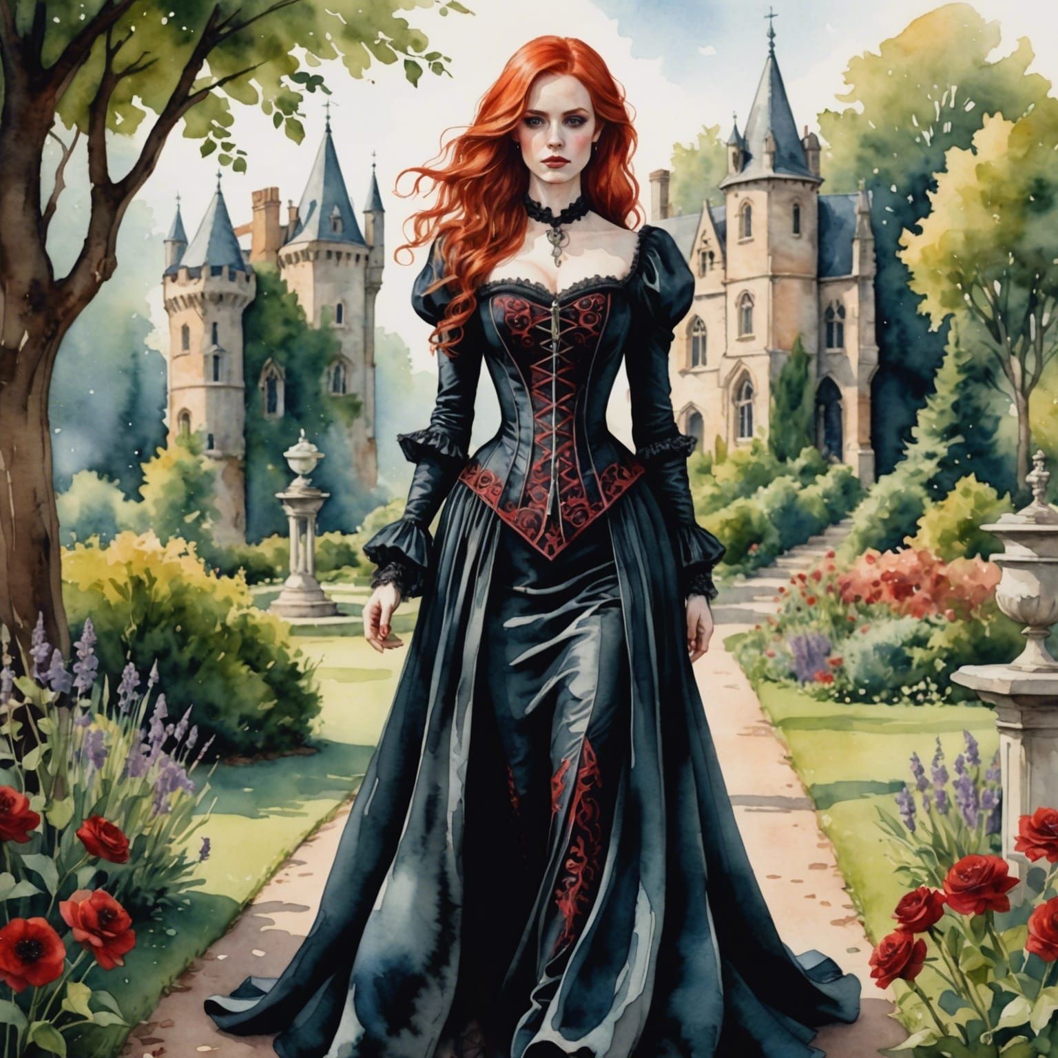 Gothic Woman with Red Hair in Watercolor Garden