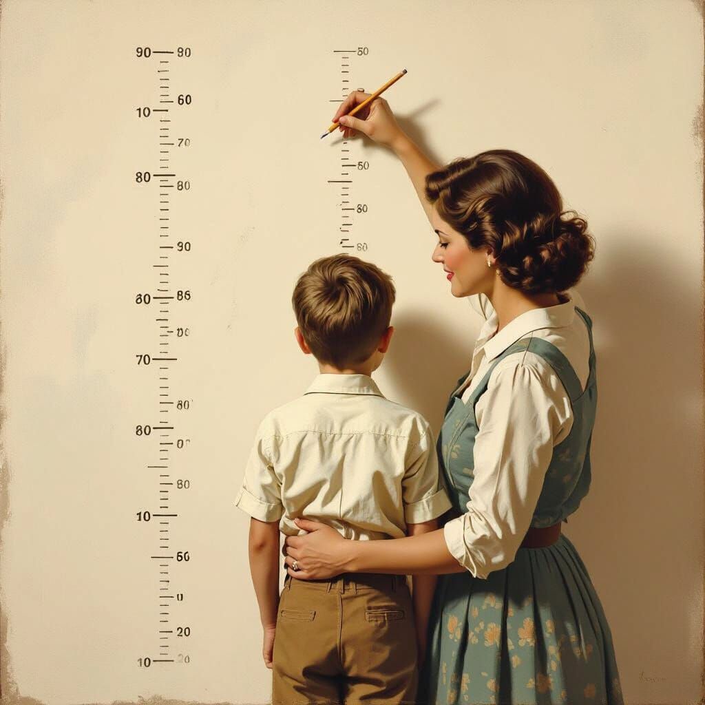 Mother Marks Son's Height Against Textured Wall