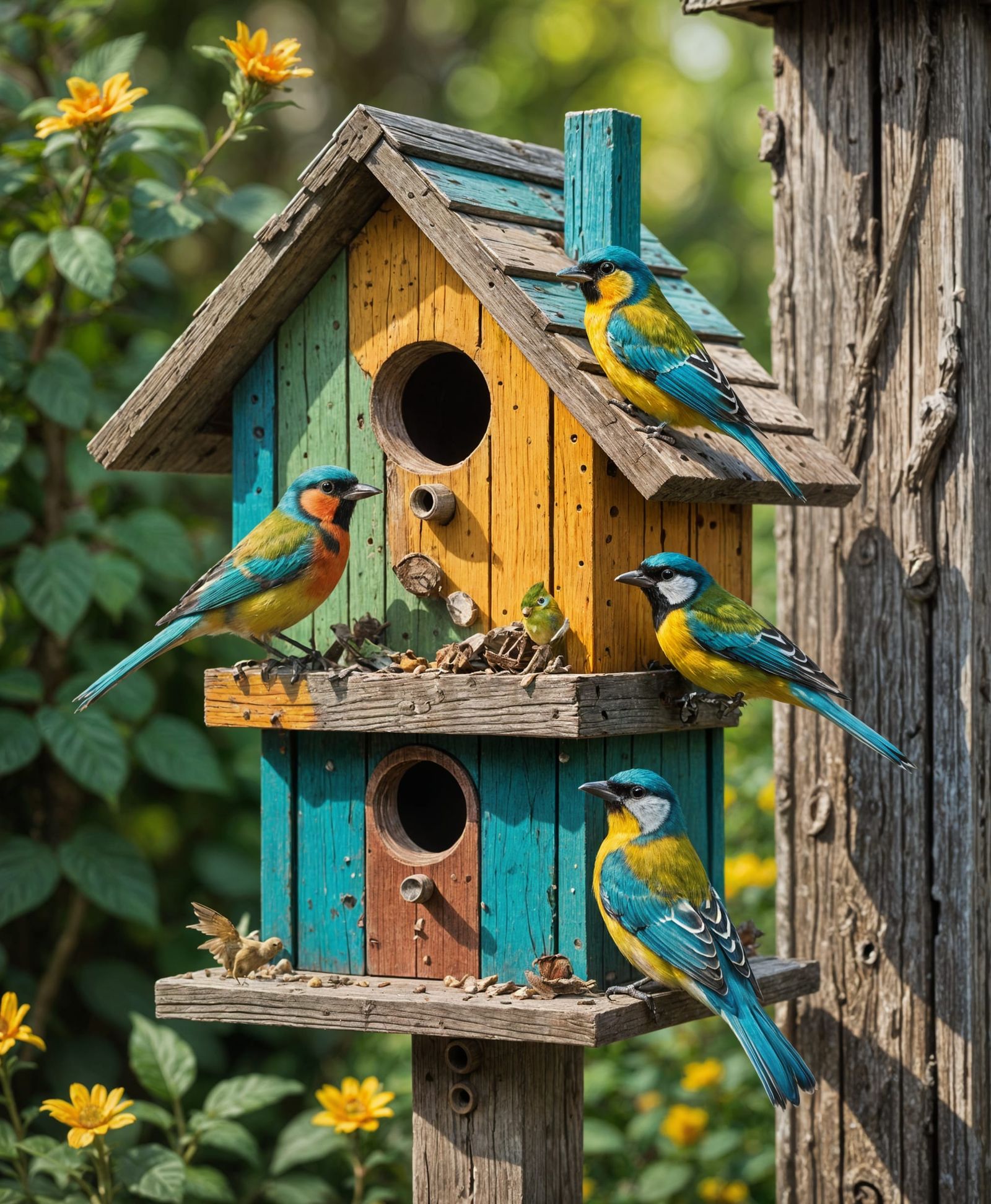 Rustic Wooden Birdhouse with Colorful Songbirds