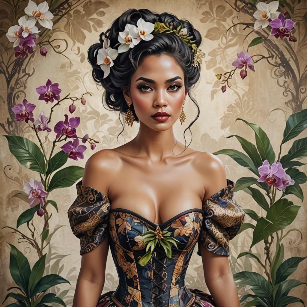 Elegant Woman in Batik Corset with Orchid Foliage