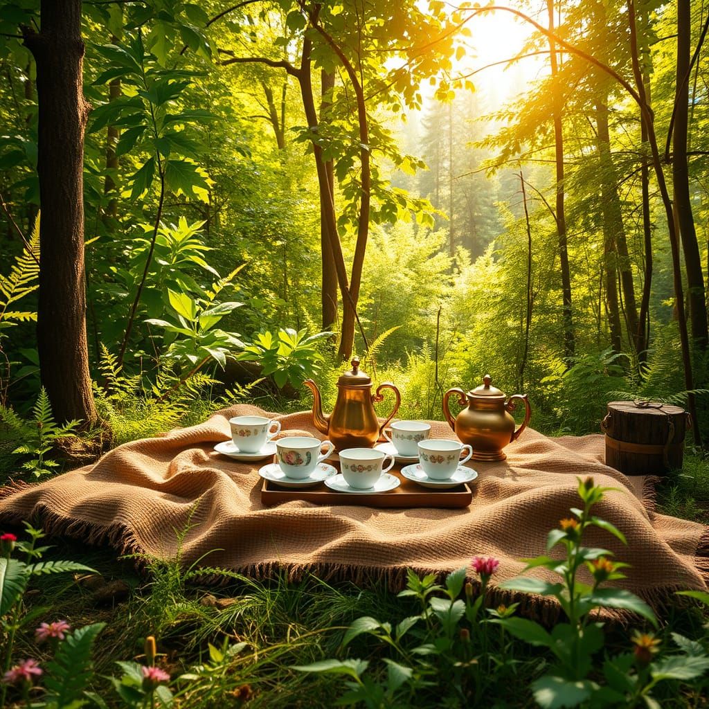 Vintage Field Coffee Set in Sunlit Forest Clearing