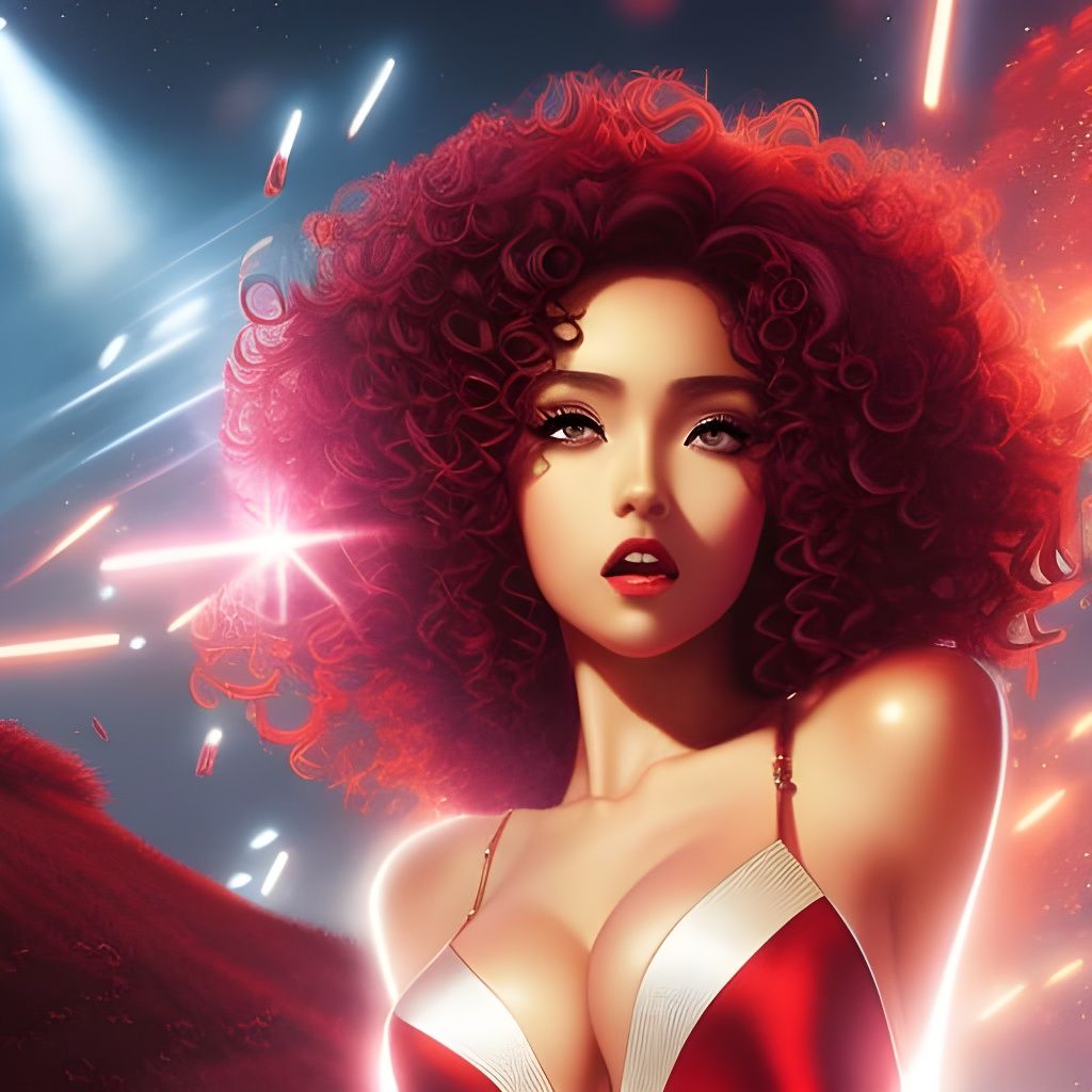Anime Popstar in Red Dress with Shiny Lights