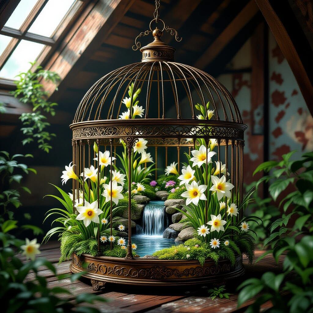 Lush Garden Thriving Inside Vintage Birdcage