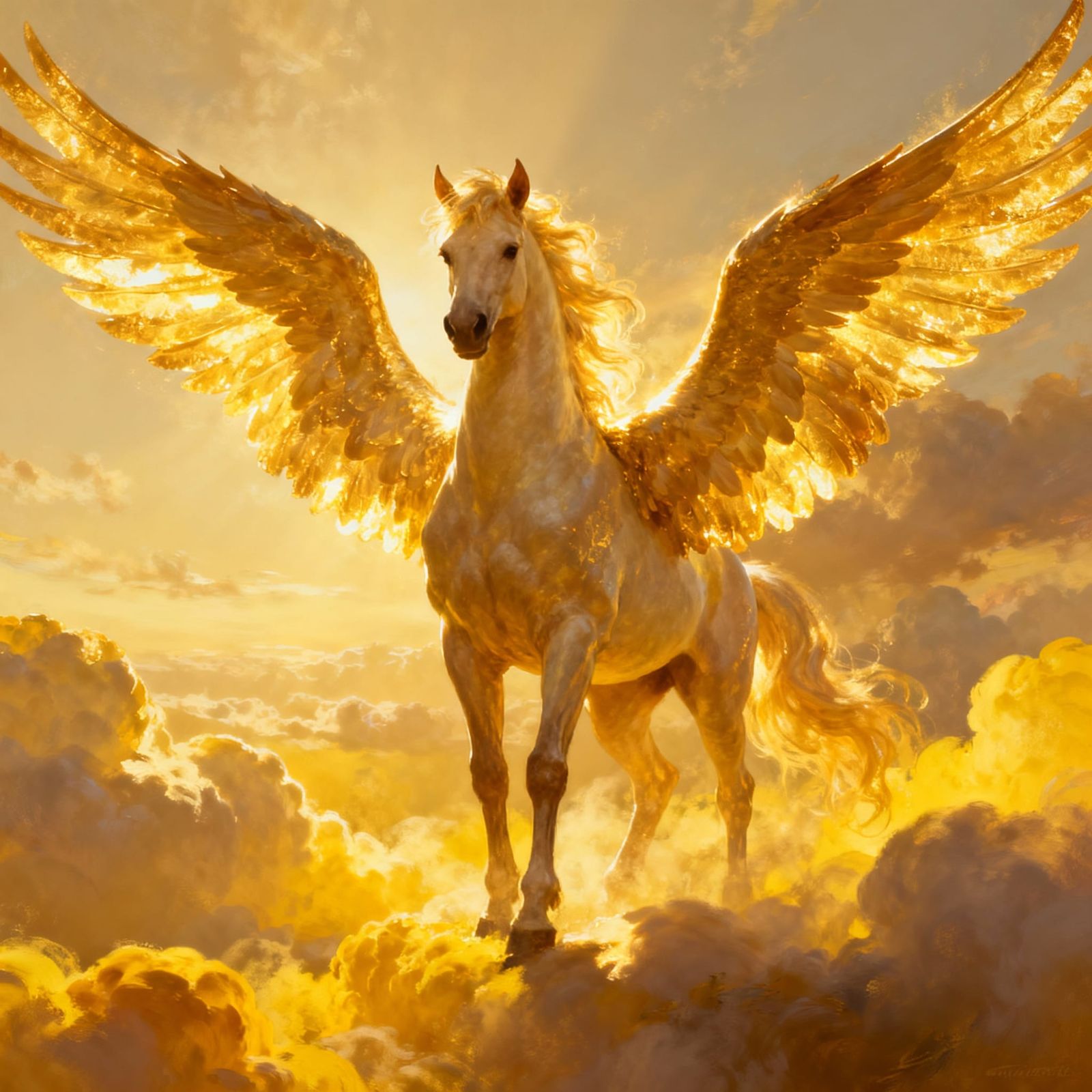 Majestic Pegasus with Golden Wings on Cloudscape