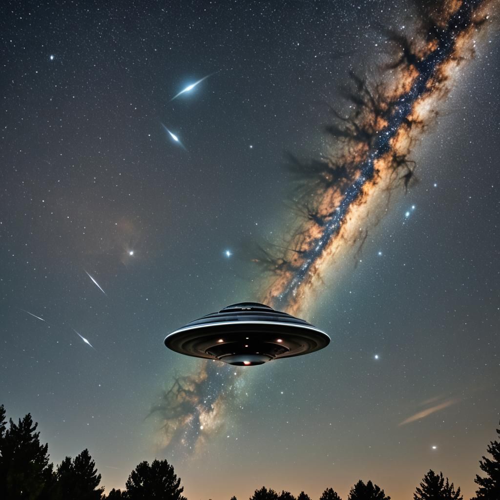 UFO Soaring Through Starry Night Sky