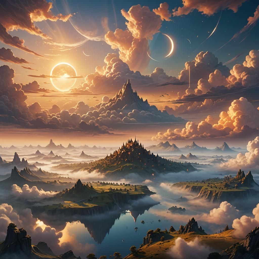 Magical Floating Islands in a Golden Sky