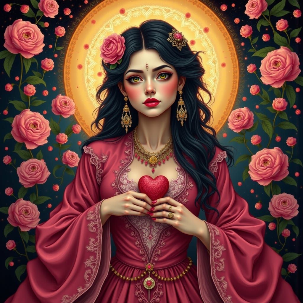 Ethereal Woman Amidst Vibrant Peonies in a Gothic Sacred Hea...