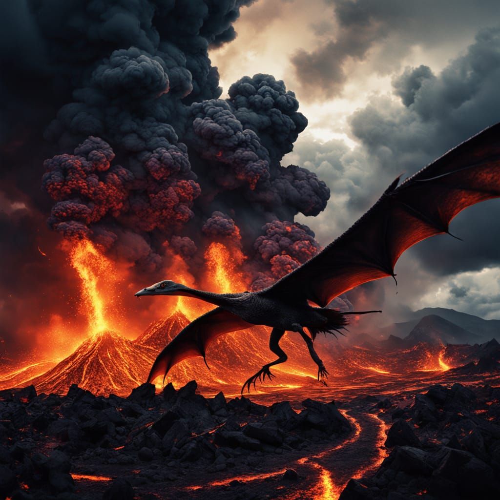 Pterodactyls Fleeing Volcanic Eruption in Cataclysmic Style