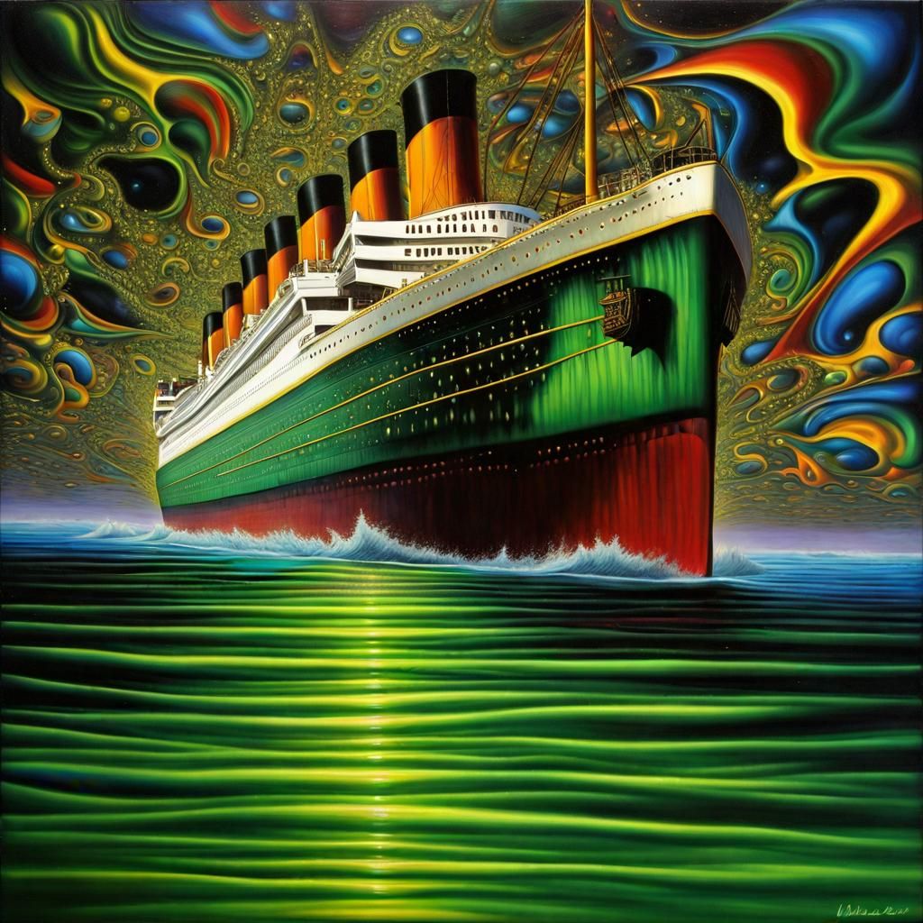 Titanic in Surreal Green Ocean: Photorealistic Sci-Fi Art