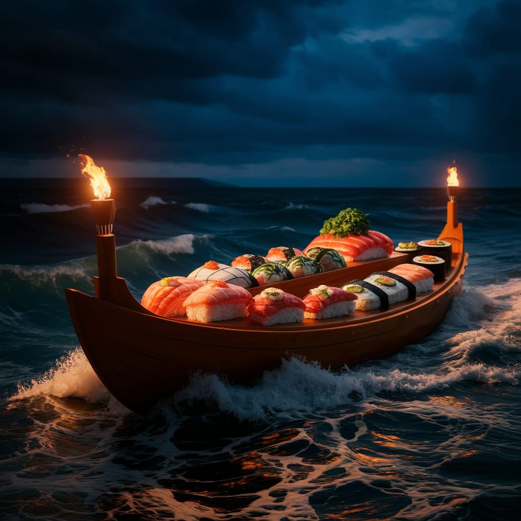 Colossal Sushi Boat on Stormy Seas