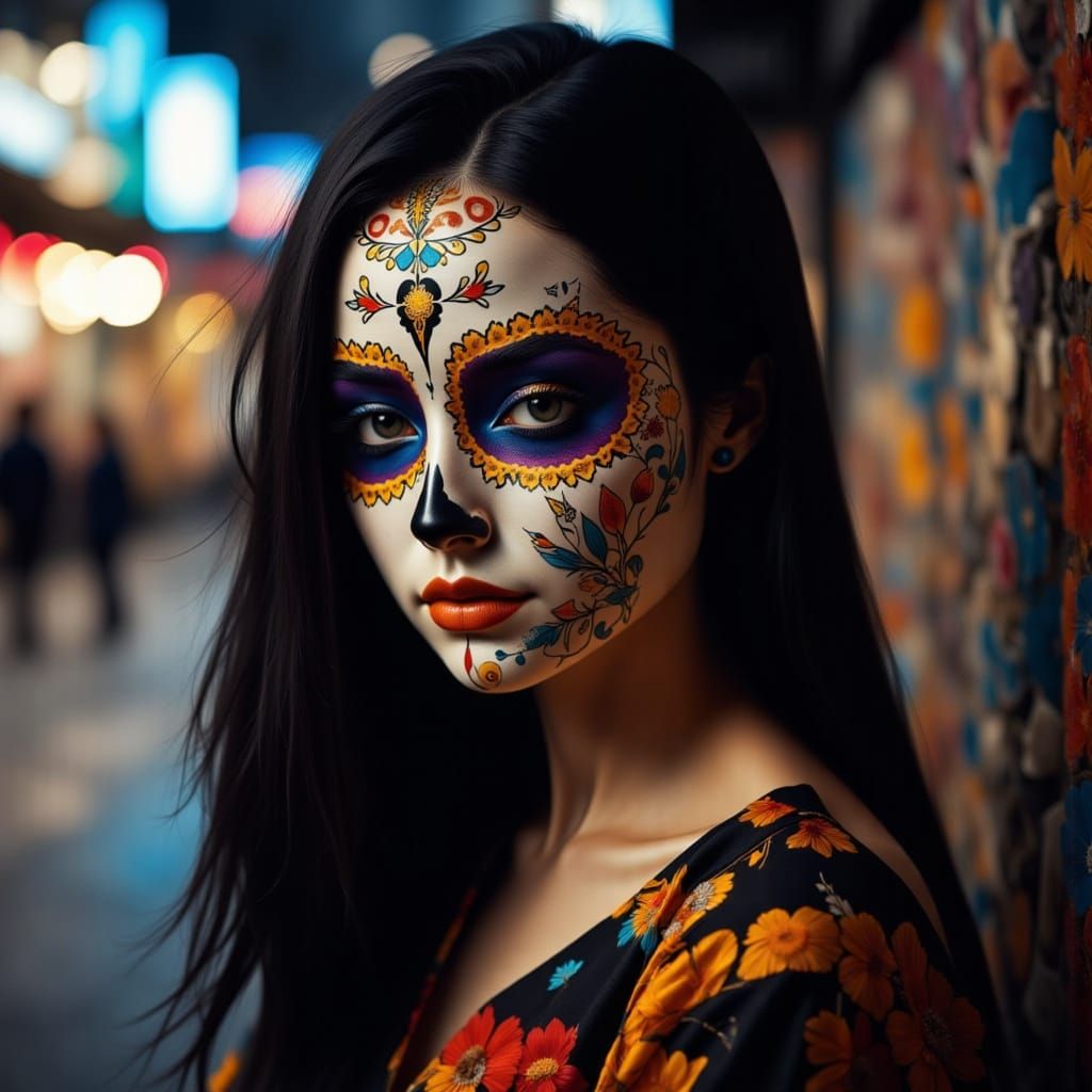 Woman With Kintsugi Sugar Skull Makeup in Vibrant Street