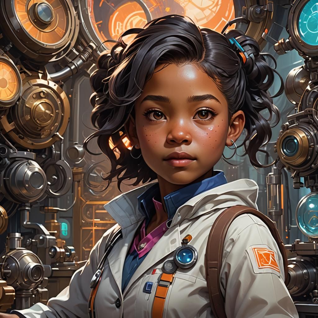 Little Girl Scientist: Hyperdetailed Portrait in Art Nouveau...