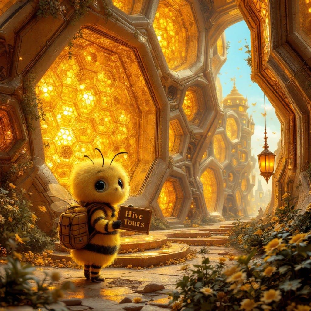 Whimsical Bee in Art Nouveau Honeycomb City
