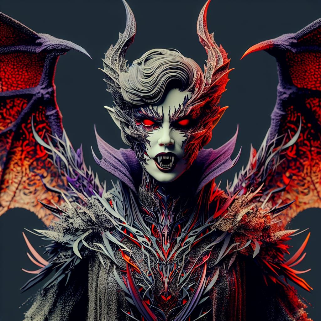 Margot Robbie as a vampiric creature with bat wings, red eye...