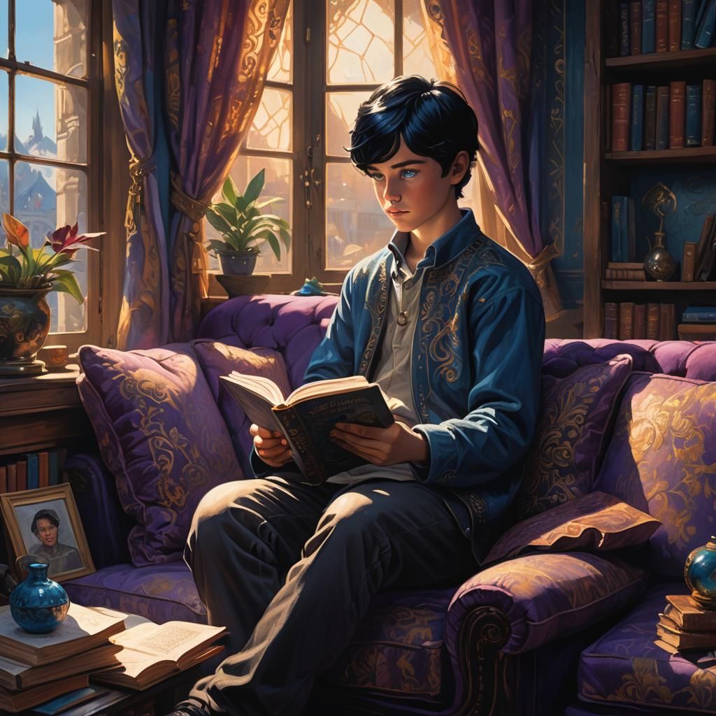 Boy Reading Book in Warm Light, Fantasy Illustration