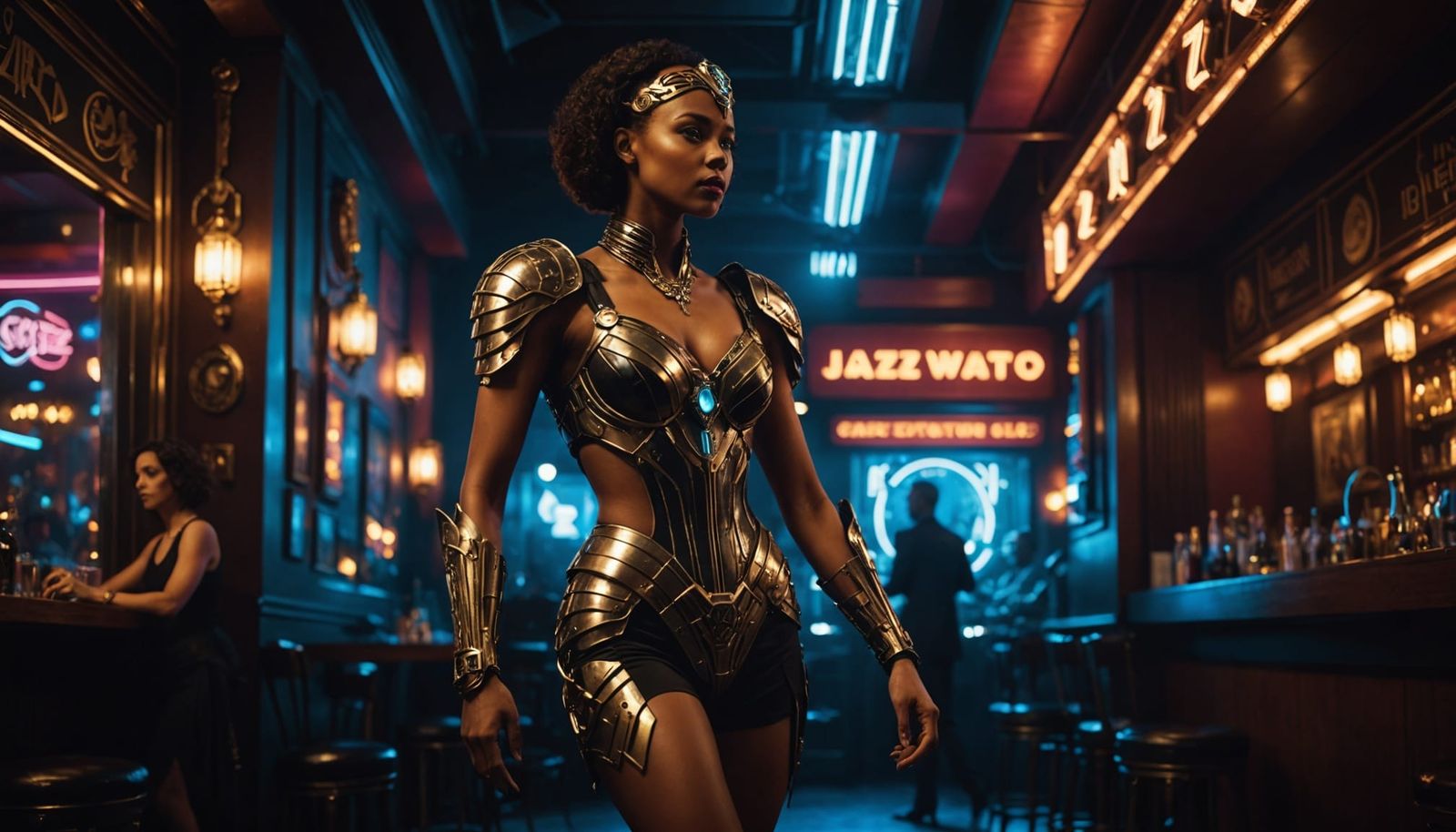 Cybernetic Gladiator Woman in Art Deco Jazz Club