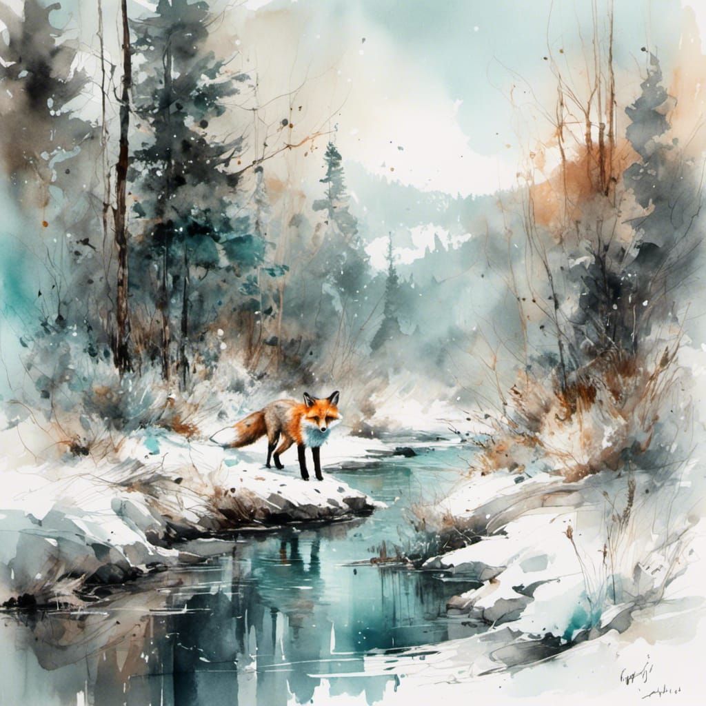 Winter Forest Landscape in Pastel Watercolor Style