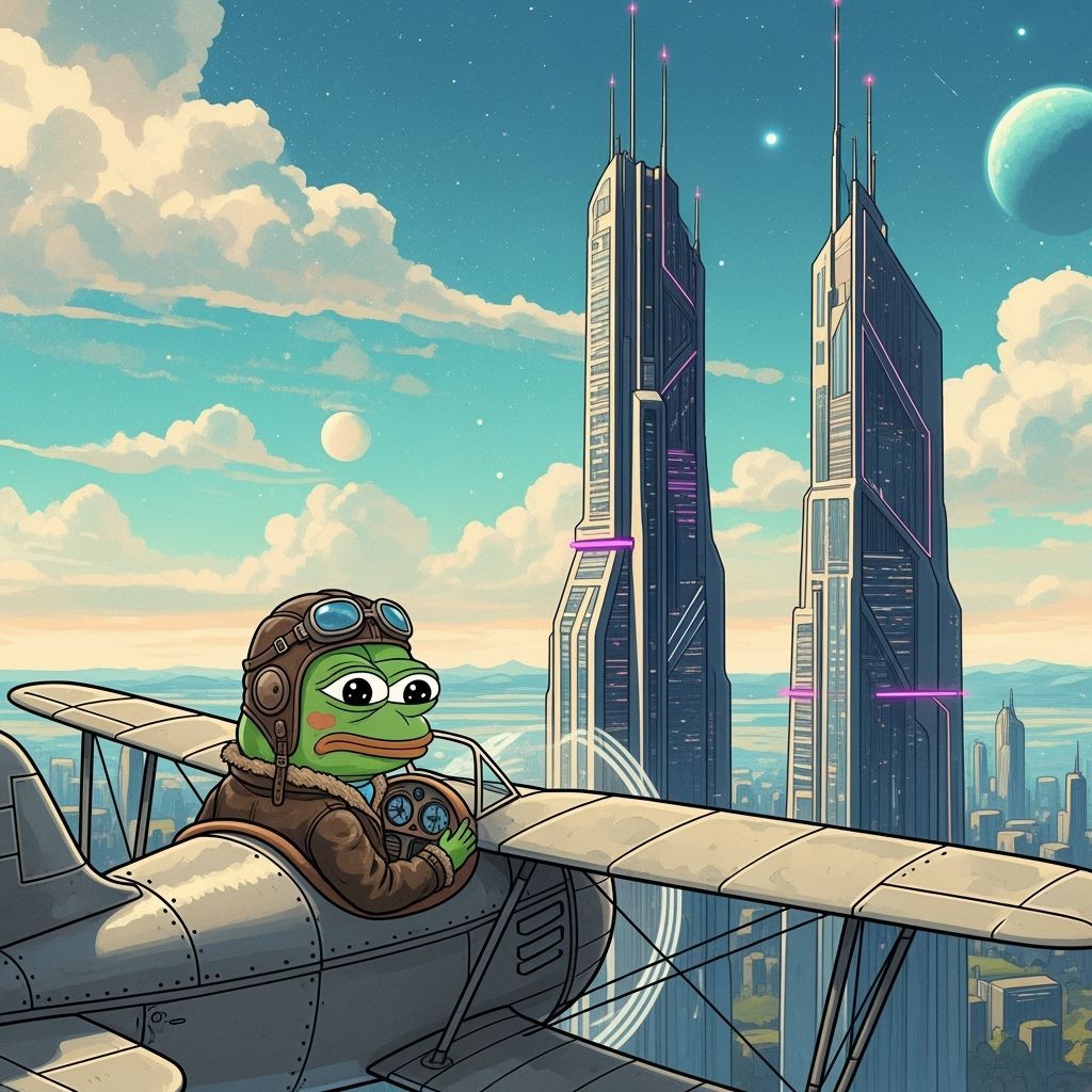Pepe the Frog Flies Biplane in Futuristic Cityscape