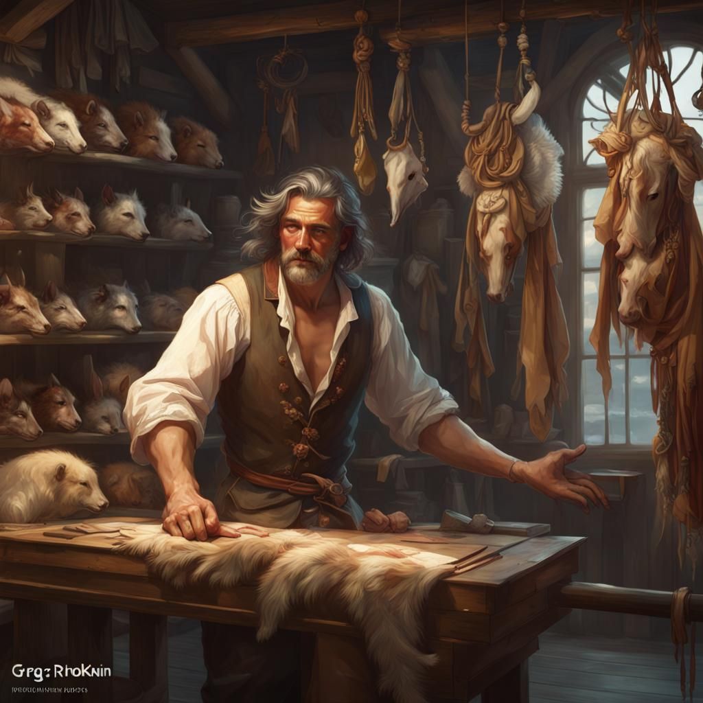 Tanner at Work in 1700s Shop, Detailed Concept Art