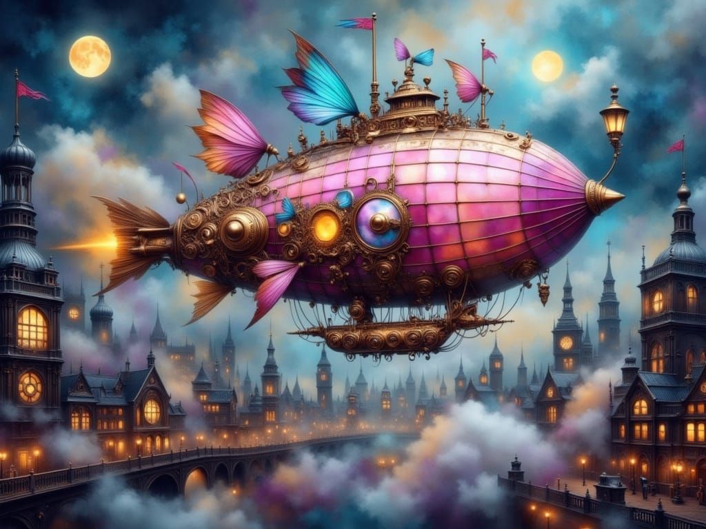 Steampunk Airship Radiates Warm Light Over Victorian Metropo...