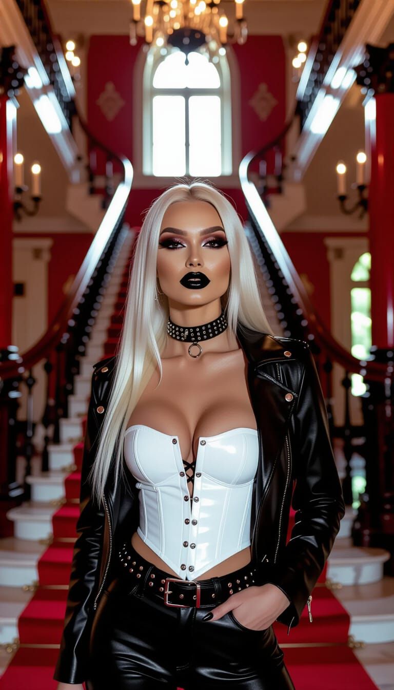 Gothic Woman in Grand Hallway with Vampiric Decor