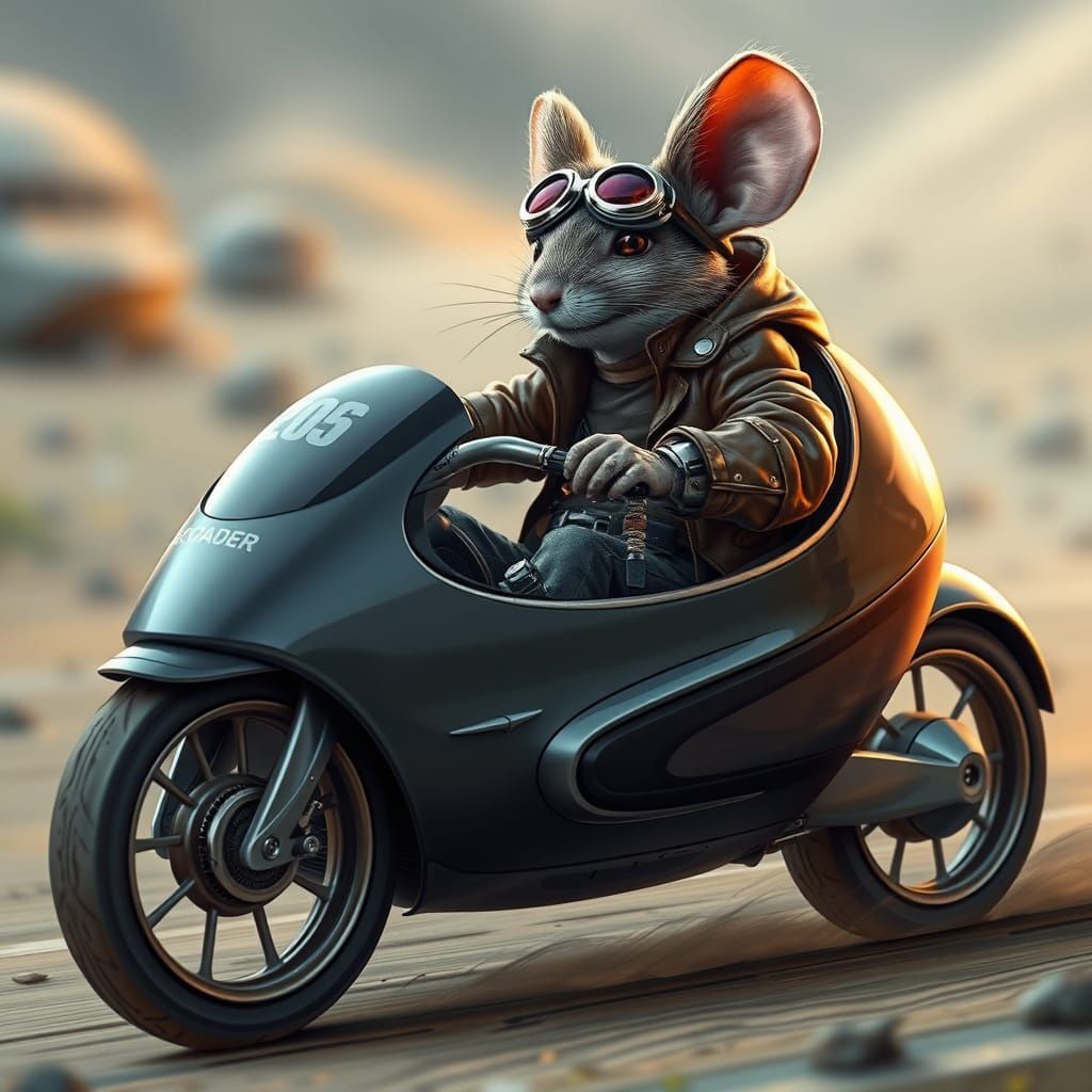 Mouse Biker in Futuristic Vehicle, Hyperrealistic Art