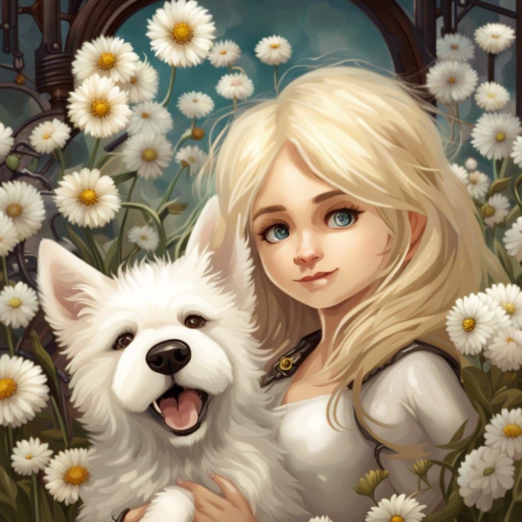 Girl and Dog Playing with Steampunk Engine