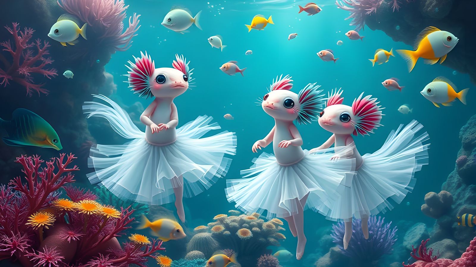 Chibi Axolotls En Pointe in a Vibrant Coral Reef