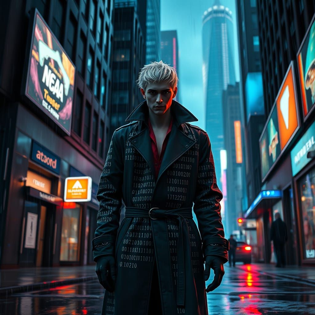 Cyberpunk Detective in Neon-Lit Alleyway
