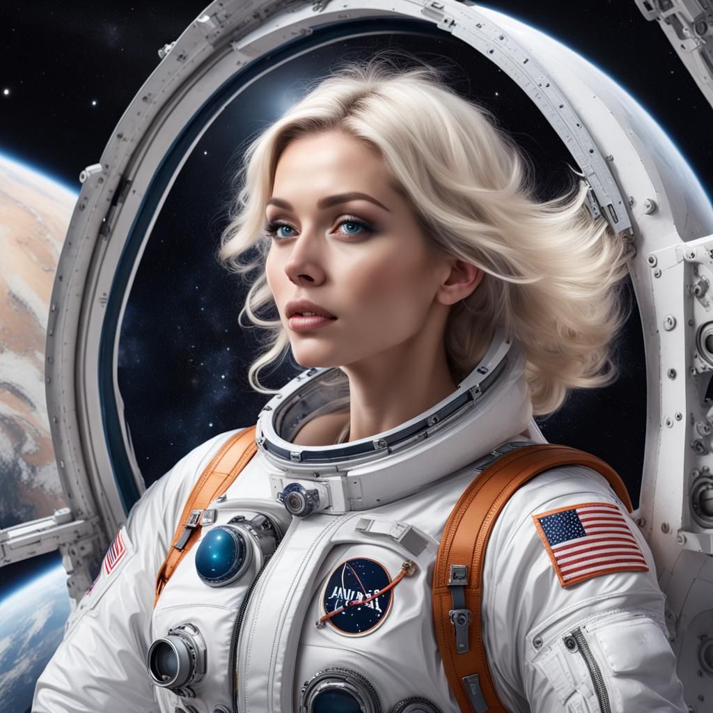 Blonde Astronaut Leans Towards Universe in Digital Art