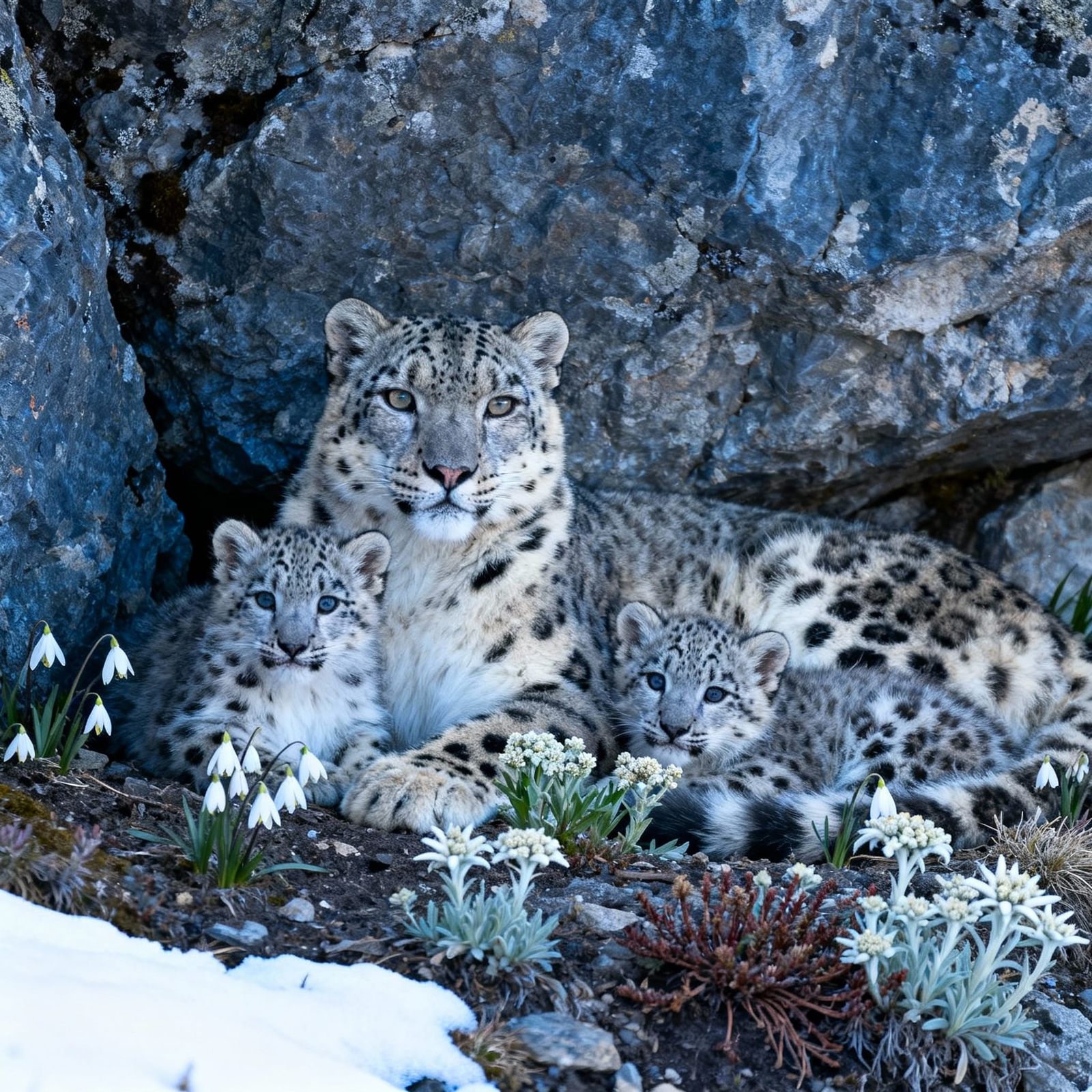 Snow Leopard Family Resting Amidst Alpine Flowers