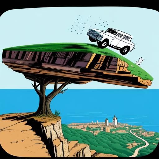 Car Flies Off Cliff in Pop Art Style