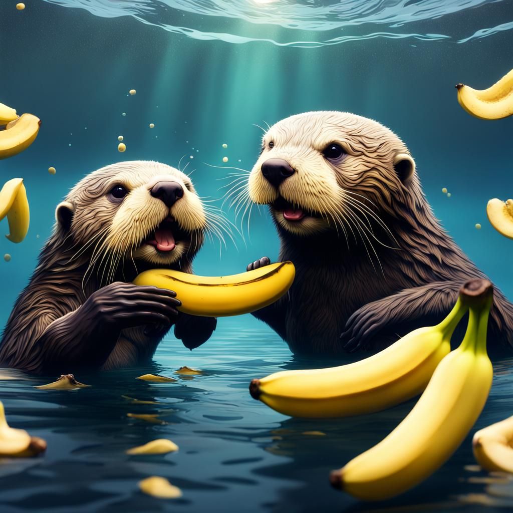 Sea Otter's Underwater Banana Feast: Detailed Digital Painti...