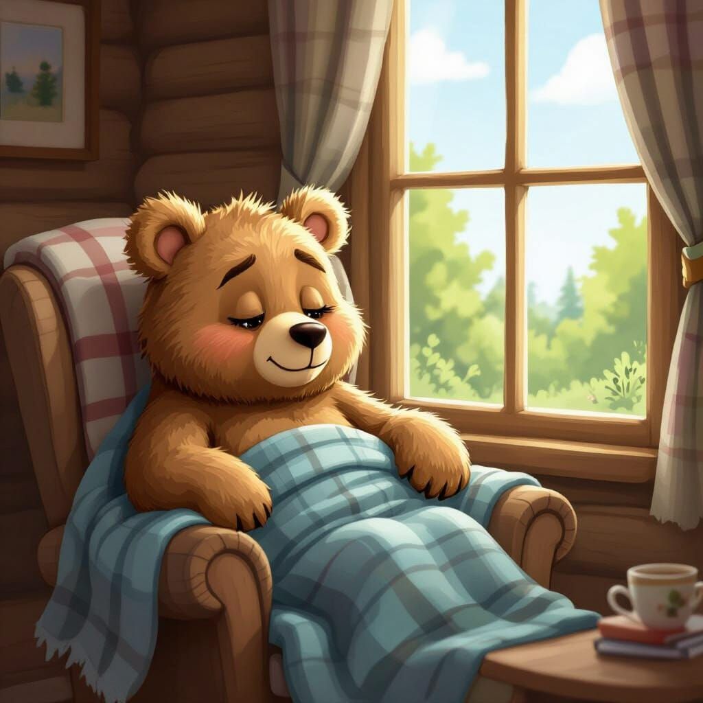 Tired Cartoon Bear Rests in Cozy Cottage