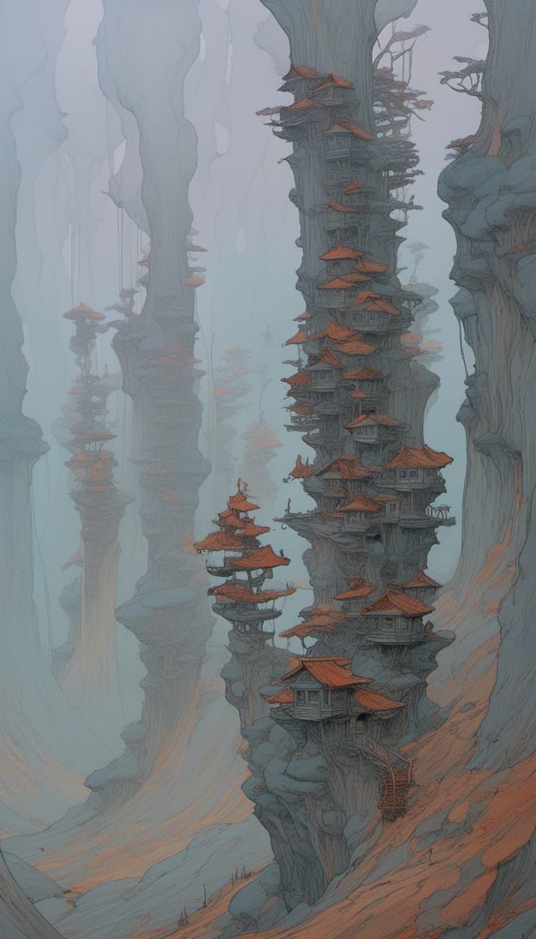 Mushroom Houses on Broken Mountain in Art Nouveau Style
