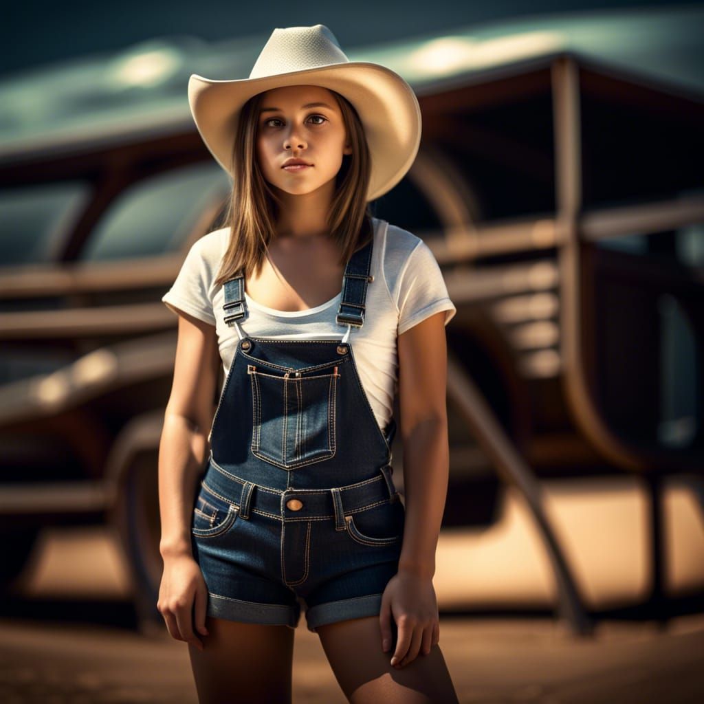 Hyperrealistic Girl in Cowboy Hat and Overalls