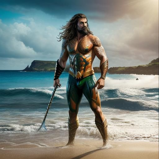 Aquaman on the Beach: Hyperrealistic Splash Art Portrait
